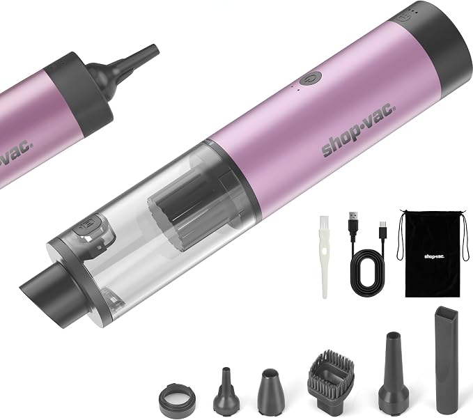 Shop-Vac S4 Mini Car Vacuum Cordless, 15000Pa 4-in-1 Portable Handheld Desk Vacuum & Air Duster with Brushless Motor, LED Light, Multi-Nozzles, 2 Modes, for Car, Office, Keyboard Cleaning (Purple)