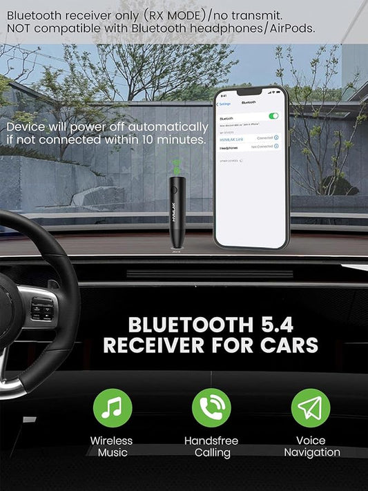 HVMLAK Bluetooth 5.4 Car Aux Adapter with Enhanced Microphone, 3.5mm Jack for Car Home Stereo, USB-C Charging, Sturdy Case, 1 Piece