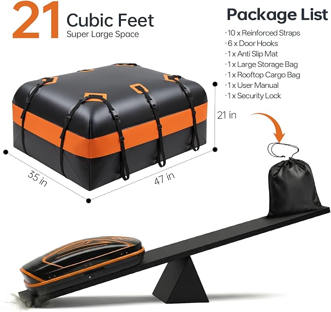 Car Rooftop Cargo Carrier Bag, 21 Cubic Feet Waterproof Heavy Duty Roof Bag with 8 Reinforced Straps & Combination Lock, Soft Shell PVC Car Top Luggage Carrier for SUV Truck RV, Travel Camping Storage