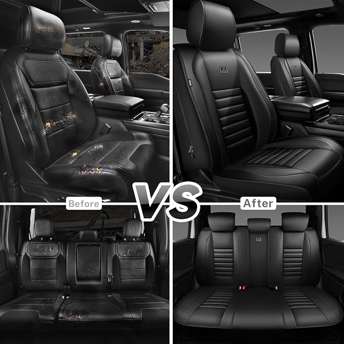 CAR PASS Nappa Leather Car Seat Covers Full Set, Luxury Seat Protector for Cars, Waterproof Anti-Slip Car Seat Cushion Armrest Compatible Airbag Universal for Sedan SUV Pick-up Truck Automotive, Black