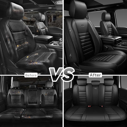 CAR PASS Nappa Leather Car Seat Covers Full Set, Luxury Seat Protector for Cars, Waterproof Anti-Slip Car Seat Cushion Armrest Compatible Airbag Universal for Sedan SUV Pick-up Truck Automotive, Black