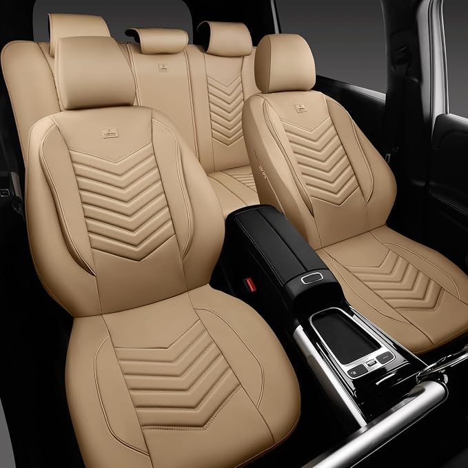 CAR PASS 3D Foam Faux Leather Seat Covers Full Set,Waterproof Tan Leather Seat Cover for Cars,Luxury Universal Fit Anti-Slip for SUV Truck Sedan Automotive,Armrest Airbag Compatible,All Beige