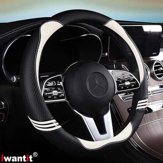 Iwantit® Cute Steering Wheel Cover for Women, Pu Leather with Anti-Slip Rubber Ring, Steering Wheel Protector for Men, Universal Fit 14.5-15 inches for Cars,SUV (Pearl White)