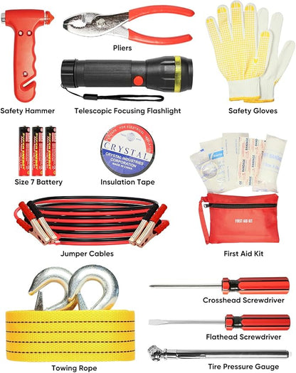 Car Emergency Kit, Roadside Emergency Car Kit with Warning Light Reflective Triangle, Jumper Cable, Tow Strap, Flashlight, First Aid Kit, Tire Pressure Gauge, Safety Hammer Car Tool Kit