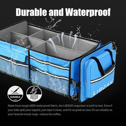LIBZAKI Oversize 4 in 1 Car Trunk Storage Organizer, Multi Compartment Collapsible Trunk Storage Box with Cooler Bag for Car Truck SUV-Light Blue
