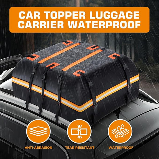 Kingfun Car Rooftop Cargo Carrier Bag, Waterproof 15 Cubic Feet Car Roof Luggage Carrier for All Vechicles with/Without Racks, Includes Anti-Slip Mat, 8 Reinforced Straps, 6 Door Hooks,Luggage Locks
