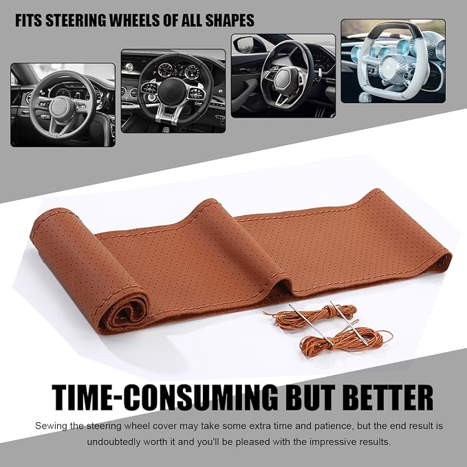 Wevdn Genuine Leather Steering Wheel Cover, Stitch on Wrap, DIY Sewing Steering Wheel Protector, 15 Inch Breathable Non-Slip Steering Wheel Protector, Car Accessories (Brown, Full Hole)