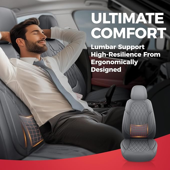 FREESOO Front Car Seat Covers - Luxury Breathable Waterproof Faux Leather Car Seat Cushion Protectors with Lumbar Support, Universal Fit for Most 5 Seats Vehicles, Sedans, Hatchbacks, and Trucks, Gray