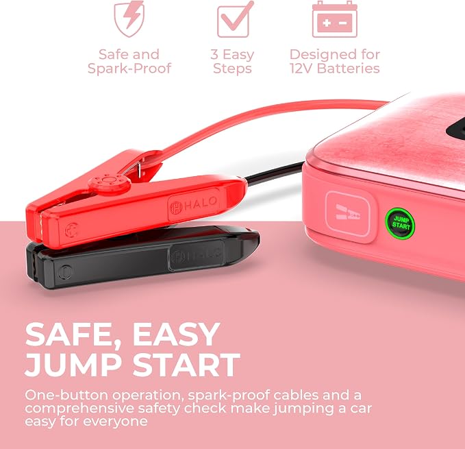 Halo Bolt Ultimate 3 Portable Car Battery Jump Starter | 130 PSI Air Compressor, 55.5Wh USB Power Bank, Large Display, Emergency Floodlight & Charger, Jumps Cars SUVs & Trucks, Inflates Tires — Pink