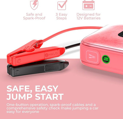 Halo Bolt Ultimate 3 Portable Car Battery Jump Starter | 130 PSI Air Compressor, 55.5Wh USB Power Bank, Large Display, Emergency Floodlight & Charger, Jumps Cars SUVs & Trucks, Inflates Tires — Pink