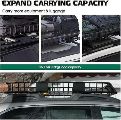 FORWODE 250LBS Universal Roof Rack Basket, 64"x39"x6" Rooftop Cargo Carrier Rack + Waterproof Cargo Bag 15 Cubic Feet(43"x34"x17")