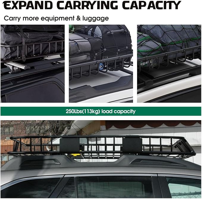 FORWODE 250LBS Universal Roof Rack Basket, 64"x39"x6" Rooftop Cargo Carrier Rack, Rust-Proof Roof Cargo Basket for Suvs, Trucks, Vehiclesor Suvs, Trucks, Vehicles