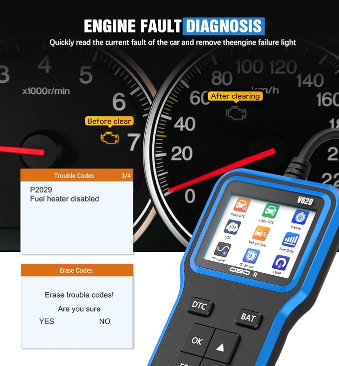 OBD2 Scanner with Upgrade Battery Tester - Diagnostic Tool for Cars that Check Engine Light & Emissions Readiness Read and Clears Vehicle Error Codes for All OBD II Protocol Vehicles Since 1996（Blue）