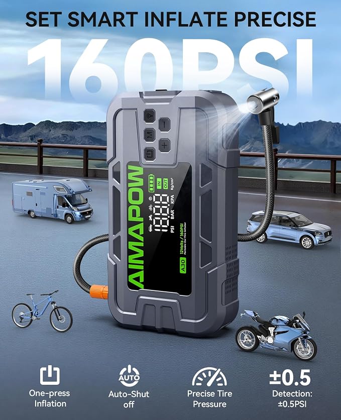 Car Battery Jump Starter with Air Compressor 6000A 160PSI, Jump Starter Portable (All Gas/12L Diesel), 12V Car Jump Starter with Inflator, Jump Box Quick Charge and 270°LED Light