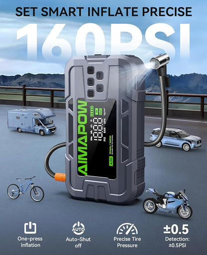 Car Battery Jump Starter with Air Compressor 6000A 160PSI, Jump Starter Portable (All Gas/12L Diesel), 12V Car Jump Starter with Inflator, Jump Box Quick Charge and 270°LED Light