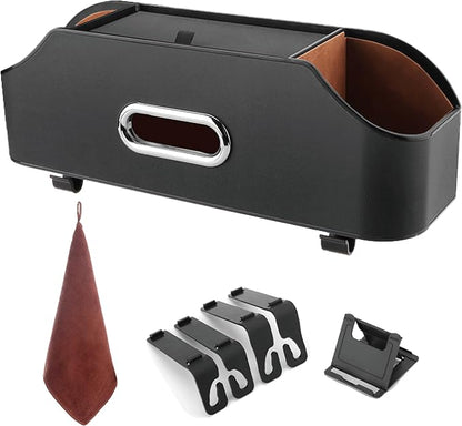 Backseat Car Organizer with 2 Drink Cup Holder - Tissue Holder - Car Seat Hooks for Headrest - Multi-functional Storage for Travel - Perfect for Kids, Adults(Black)