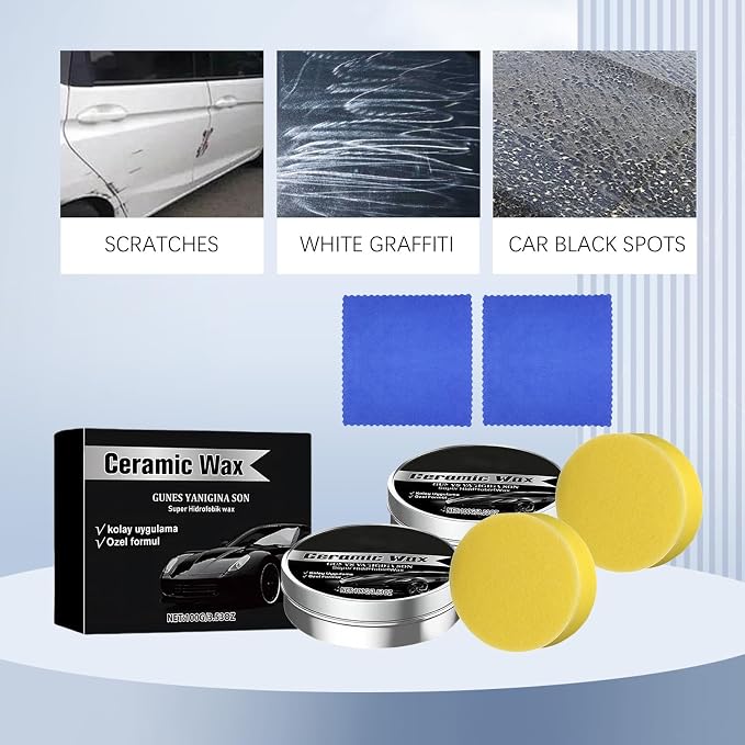 Ceramic Coating Wax for Cars, Strong Protection Car Polish Wax, Car Paint Scratch Repair Paste, Long-Lasting Protection Cream with Sponge (2Pcs)