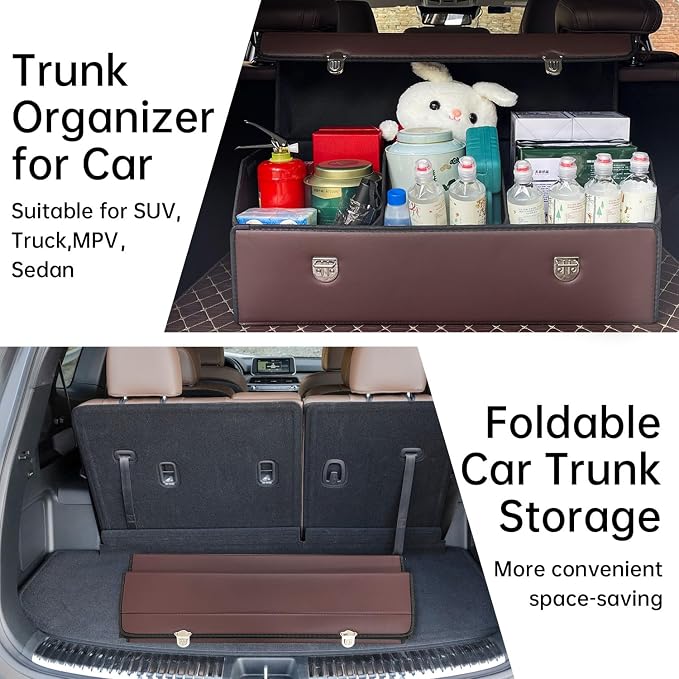 Car Trunk Organizer with Lid,Foldable Faux Leather Cargo Storage Box,3 Compartments,Collapsible Multi-Functional Organizer for SUV,Sedan and Vehicle Trunk