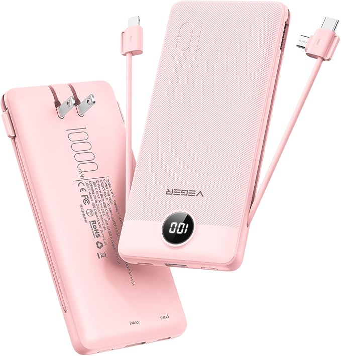 VEGER Portable Charger with Built-in AC Plug and Cables, All in One 10000mAh Ultra Slim Power Bank Travel Essentials, Fast Charging Battery Pack Compatible with iPhone, Samsung, Android, Crepe