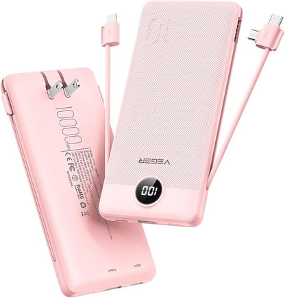 VEGER Portable Charger with Built-in AC Plug and Cables, All in One 10000mAh Ultra Slim Power Bank Travel Essentials, Fast Charging Battery Pack Compatible with iPhone, Samsung, Android, Crepe