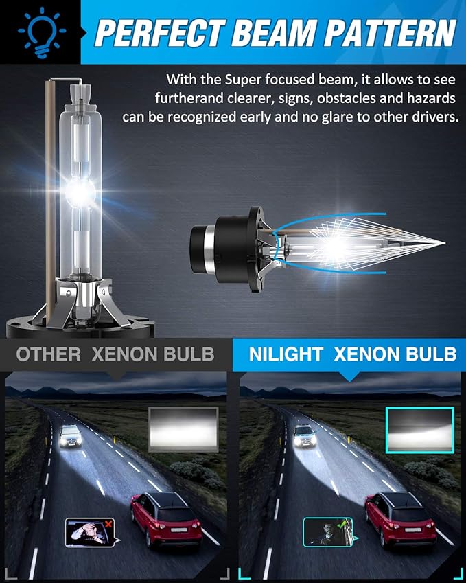 Nilight D4S HID Bulbs, 6000K Diamond White Xenon Replacement D4S HID Headlight Bulb,350% Lighting Distance Super Bright High for 12V Cars, IP67 Design with Metal Stents Base, 2 Years Warranty
