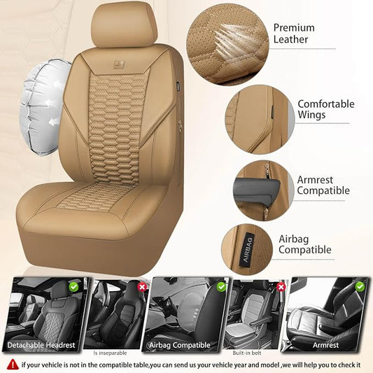 CAR PASS 3D Foam PU Leather Car Seat Covers Front Seats,Tan Faux Leather Front Seat Covers for Cars, Universal Fit for SUVs Trucks Vans Sedans Automotive, Armrest Airbag Compatible,Beige