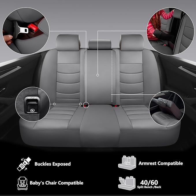 NS YOLO Leather Car Seat Covers Full Set,Universal Fit for Most Cars,SUVs and Sedans,Waterproof Luxury Leatherette Cushions, 5 Seats Protectors (Grey, Full Set-5 Seats(Front and Rear))