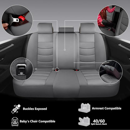 NS YOLO Leather Car Seat Covers Full Set,Universal Fit for Most Cars,SUVs and Sedans,Waterproof Luxury Leatherette Cushions, 5 Seats Protectors (Grey, Full Set-5 Seats(Front and Rear))