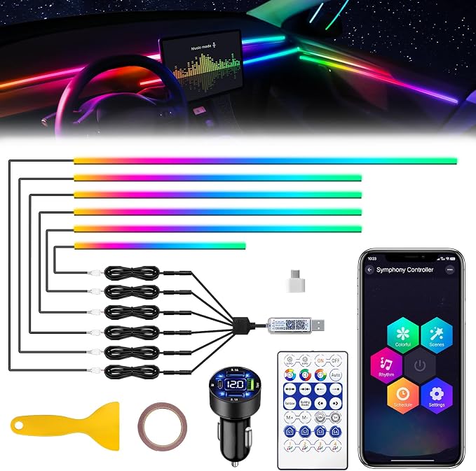 Acrylic Interior Car LED Strip Light with USB/Type C/4-Port Cigarette Lighter, Dreamcolor 6 in 1 with 175 inches 650 LEDs Ambient Lighting Kits, Sound Active Function Neon Led Strips for Car