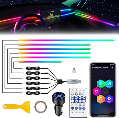Dreamcolor Acrylic Interior Car LED Strip Light with USB/Type C/4-Port Cigarette Lighter, RGB 6 in 1 with 179.24 inches 650 LEDs Ambient Lighting Kits, Sound Active Function Neon Led Strips for Car