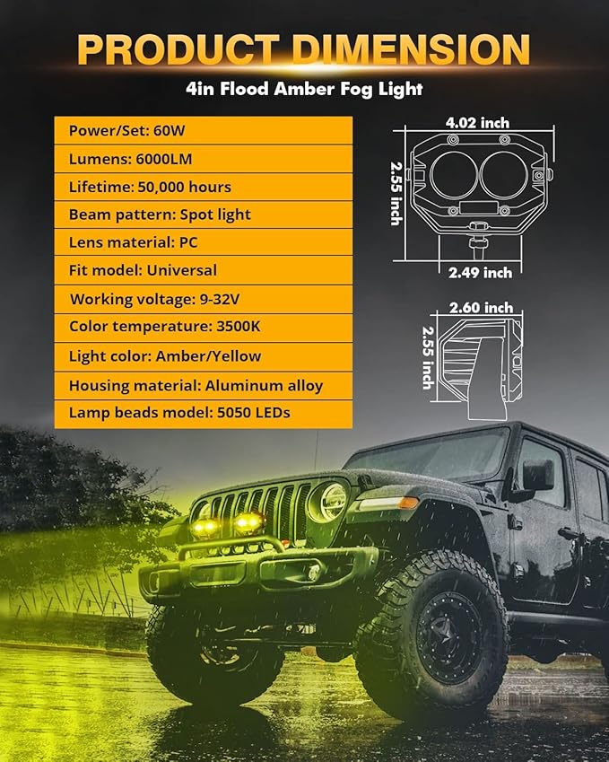 Auxbeam 4In 60W Amber Fog Lights, Amber Led Pods Super Bright Spot Beam Offroad Lights with Plug and Play Wiring Harness Kit for Truck SUV ATV UTV Jeep Wrangler Motorcycle