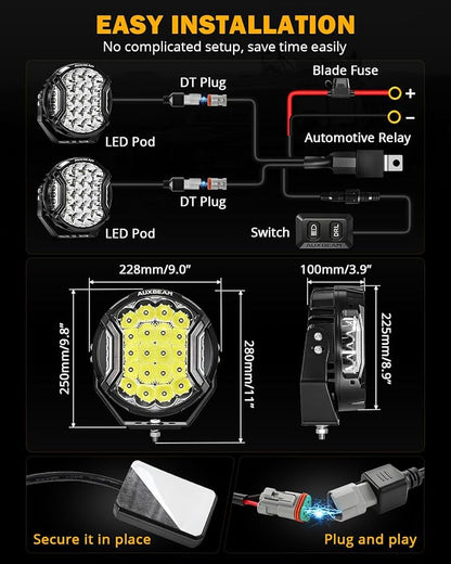 Auxbeam 9 Inch 300W LED Pod Lights, V-Ultra Series Round Spotlights with Amber DRL & 270° Side Shooter, 35600LM Universal Off-Road Driving Lights with DT Harness & Protective Covers, Pair