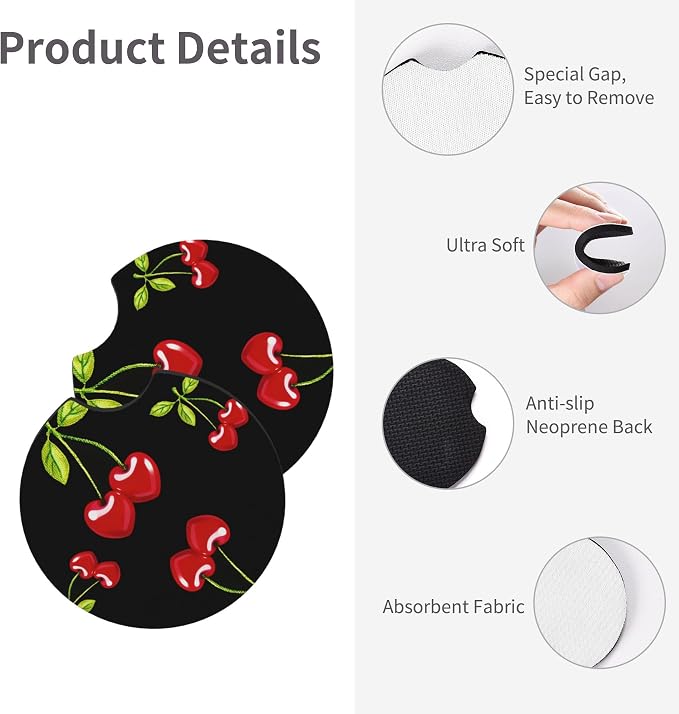 Cherry Hearts Red Steering Wheel Cover + 2 Pc Cherry Hearts Car Coasters | Breathable Universal for 14-15 Inch Car Anti-Slip for Men Women