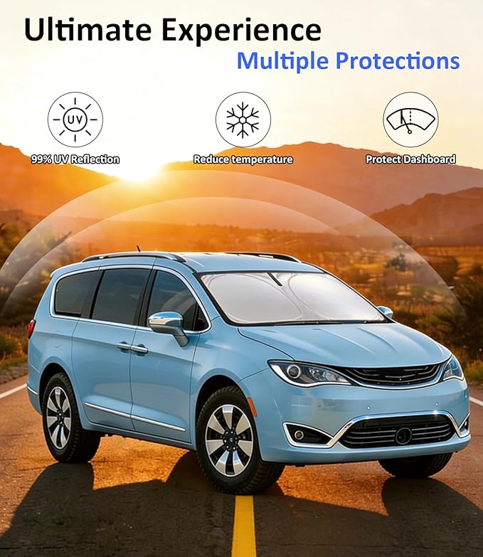 Windshield Sun Shade for 2017-2026 Chrysler Pacifica Minivan Accessories, Car Front Window Sun Visor & Heat Shield | 240T Sunshade Protection Blocks UV Rays Keep Your Car Cooler