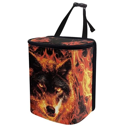 Talayituse Wolf Fire Print Car Trash Can with Lid, Leak Proof Auto Trash Bag Hanging Vehicle Garbage Can Multipurpose Storage Container for Back Seat Road Trip