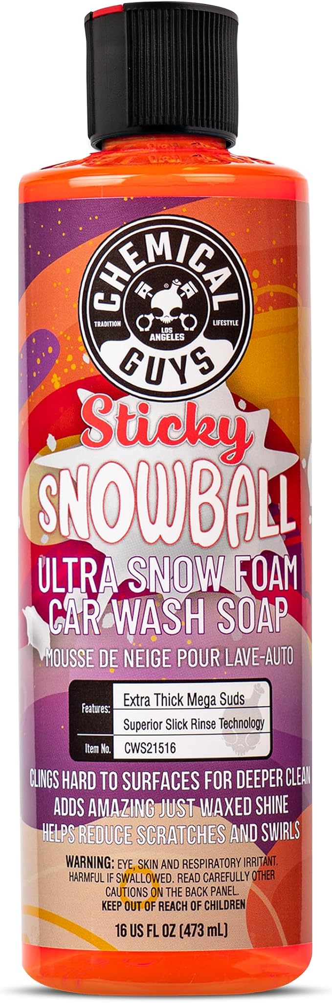 Chemical Guys CWS21516 Sticky Snowball Ultra Snow Foam Car Wash Soap (Works with Foam Cannons or Bucket Washes) Safe for Cars, Trucks, Motorcycles, RVs & More 16 fl oz, Cherry Scent