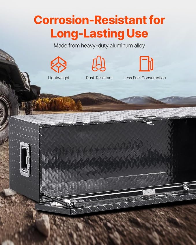 VEVOR Heavy Duty Aluminum Truck Bed Tool Box, Diamond Plate Tool Box with Side Handle and Lock Keys, Storage Toolbox Chest Organizer for Trailer, Pickup, Truck Bed, RV, 49"x15"x15", Black