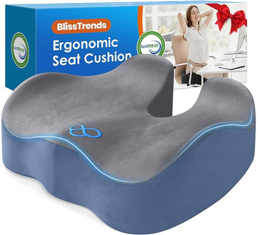 BlissTrends Seat Cushion,Thick Memory Foam Cushions for Office Chair, Car Seat, Airplane, Relieving Pressure Tailbone Sciatica Back Pain for Office Workers, Car Drivers 4.7in Thick Dark Grey&Blue