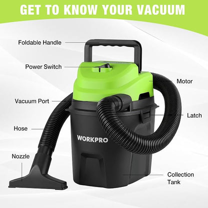 WORKPRO 1.5 Gallon Wet Dry Vacuum Cleaner, 2.5 Peak HP Portable Shop Vacuum with Powerful Suction, Lightweight Wet/Dry Vac for Car, Garage & Home Cleaning, Wall-Mount Storage
