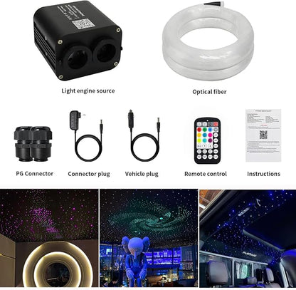 AZIMOM Dual Color 20W Twinkle 900pcs Fiber Optic Starlight Headliner Kits 0.03in 9.8ft Fiber Strands End Glow Sound Activated Remote APP Control RGBW Light Source Home Ceiling Car Headliner Décor