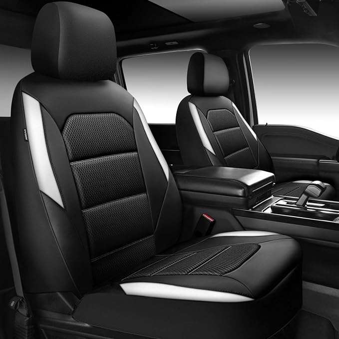 CAR PASS Memory Foam Car Seat Covers,Air Cool Mesh Thick Seat Covers Front Seats,White Leather Seat Covers for Car,Universal Automotive Comfort for Most Cars,SUV,Trucks,Airbag Compatible,Black White