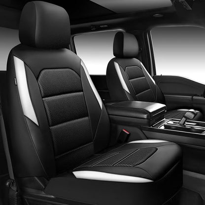 CAR PASS Memory Foam Car Seat Covers,Air Cool Mesh Thick Seat Covers Front Seats,White Leather Seat Covers for Car,Universal Automotive Comfort for Most Cars,SUV,Trucks,Airbag Compatible,Black White