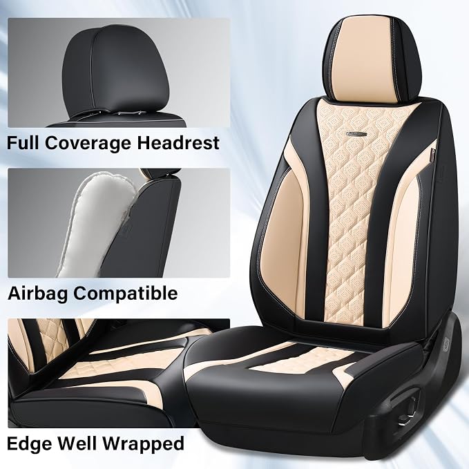 Coverado Car Seat Covers, Seat Covers Full Set, Black Beige Car Seat Cover, Perforated Diamond Leather Seat Covers for Cars, Luxury Car Seat Cushion, Auto Seat Covers Universal Fit Most Cars