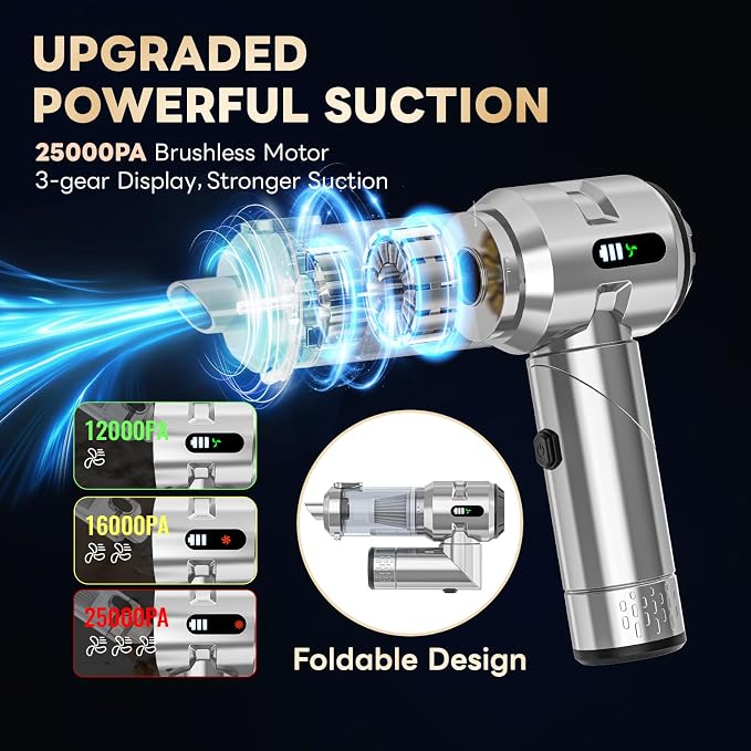 【Upgraded Version】Sycoodeal Car Vacuum Cleaner,Mini Portable Vacuum Cordless,25000PA Powerful Strong Cyclonic Suction USB Rechargeable Foldable Handheld Vacuum with One-touch Dust Removal for Car,Home
