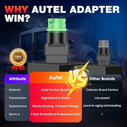 Autel Original OBD2 Male to Green J1939 Type 2 Female Adapter, 16pin OBDII to 9pin for Truck Freightliner Code Reader, ELD Tracker, Diagnostic Scanner Device, Plug and Play with High Speed
