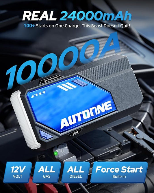 AUTOONE 10000A Car Jump Starter 24000mAh Car Battery Jumper Starter Portable 12V (All Gas/All Diesel) 168W DC Jump Box for Car Battery with Built-in Booster, Type-C Fast Charge Jump Pack