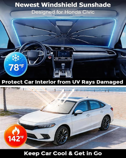 DMJN Umbrella Windshield Sun Shade for Honda Civic (2006-2026), Car Sunshade for Front Windshield [Nano Ice-Crystal Coatings] UPF50+ Heat & UV Block, Protect Interior & Keep Cooler