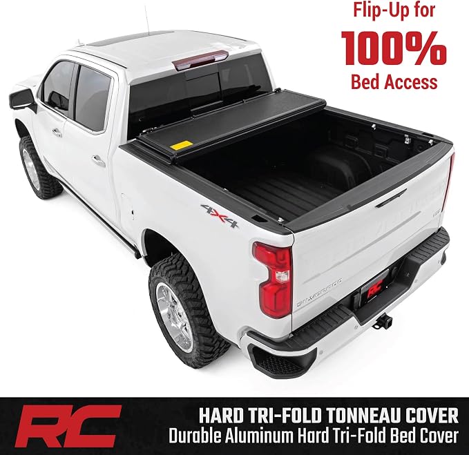 Rough Country Hard Low Profile Tri-Fold Tonneau Cover for Chevy Silverado & GMC Sierra 1500 (2019–2026) – Flush Mount Aluminum Bed Cover, Fits 6'7" Standard Bed
