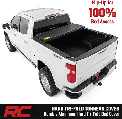 Rough Country Hard Low Profile Tri-Fold Tonneau Cover for Chevy Silverado & GMC Sierra 1500 (2019–2026) – Flush Mount Aluminum Bed Cover, Fits 6'7" Standard Bed