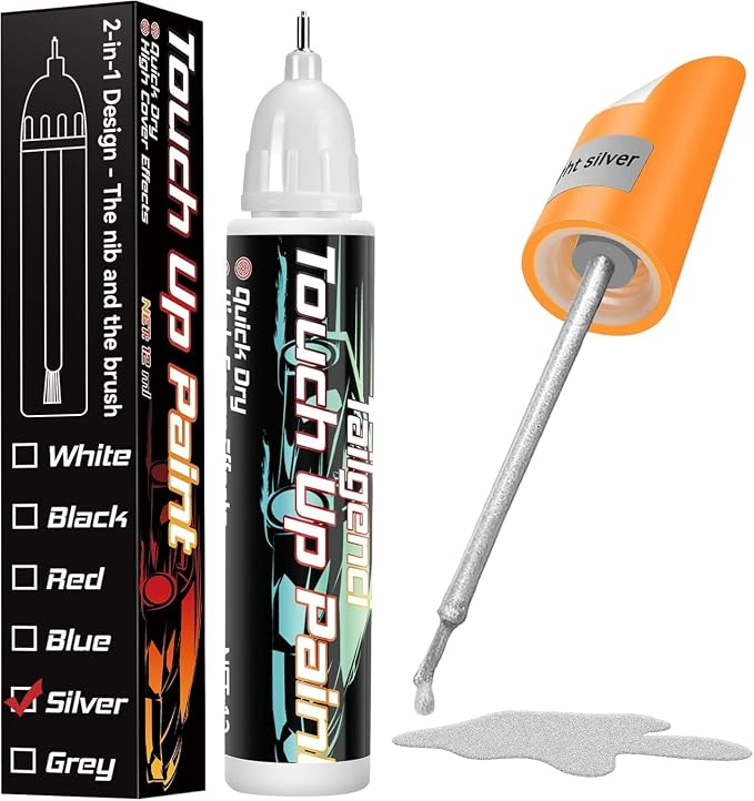 Sliver Touch Up Paint for Cars, 2-in-1 Scratch Repair Pen, 0.68 fl oz | Accurate silver match, effective scratch and chip repair, long-lasting, quick-dry, resists water and UV, helps prevent rust